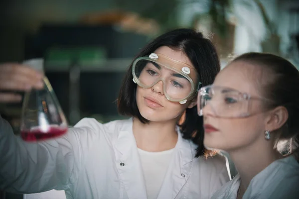 Laboratorio químico. Dos mujeres jóvenes sosteniendo un frasco con líquido rosa mirándolo —  Fotos de Stock