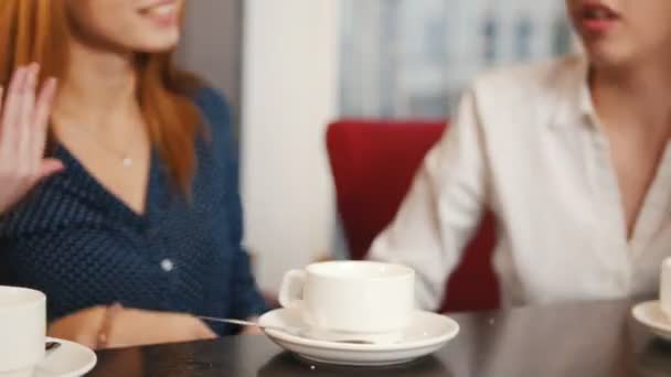 Vänner träffade i baren. Tre unga leende kvinnor sitter på ett kafé och pratar. En flicka lägga socker i te — Stockvideo