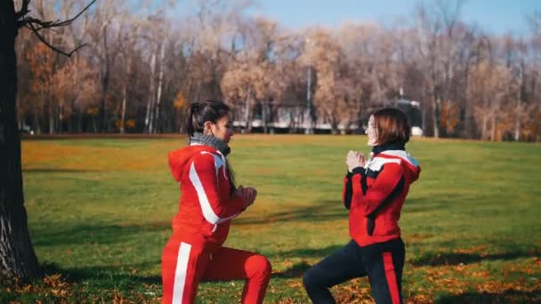 Two young woman in sport costumes doing leg lunges in park — Stock Video