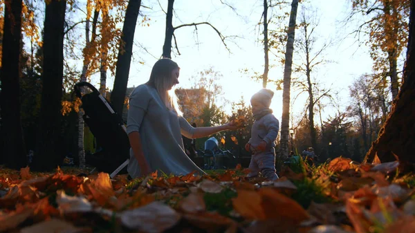 Joven madre y su bebé jugando en el parque de otoño. Hojas de otoño — Foto de Stock