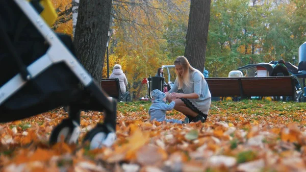 Ung mamma och hennes lilla bebis som sitter i höstlöv — Stockfoto