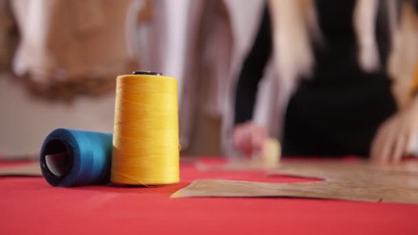 Mujer joven en la fábrica de costura. Una mujer haciendo bocetos en la tela. Hilo de coser en foco — Vídeos de Stock