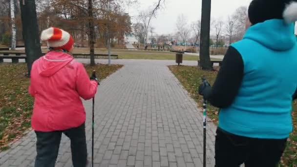 Дві літні жінки ходять на палицях скандинавської прогулянки на тротуарі — стокове відео