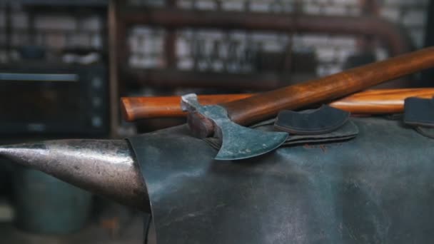 Blacksmiths axe. Blacksmith workroom. Overview — Stock Video