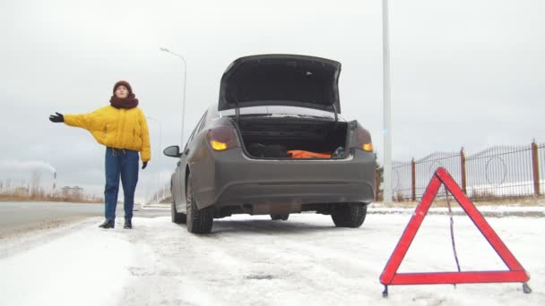 Kłopoty z samochodem. Awaryjnego znak. Kłopoty z samochodem na zaśnieżonej drodze krajowej. Młoda kobieta próbuje złapać samochodu — Wideo stockowe