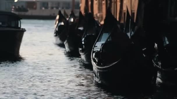 Förtöjda gondoler i gateway. Italien. — Stockvideo