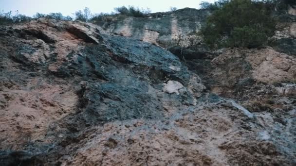 Ein kleines Rinnsal fließt an der Felswand — Stockvideo