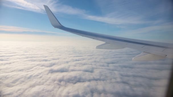 Utazási koncepció. Nézd repülőgép ablakból. Napos Sweater és a kék ég. Altocumulus — Stock videók