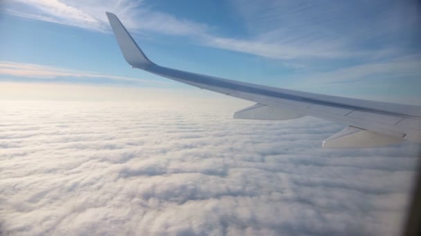 Conceito de viagem. Vista da janela do avião. Aquecedor de sol e céu azul. Altocumulus — Vídeo de Stock