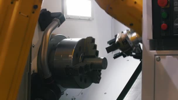 Big Yellow Cnc Lathe Connects Its Two Parts Mid Shot — Stock Video