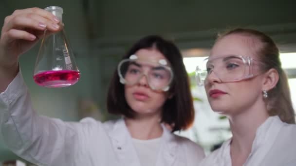 Chemielabor. zwei junge Frauen blicken auf den Kolben mit rosa Flüssigkeit — Stockvideo