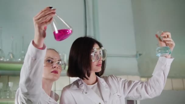 Chemical laboratory. Two young lab technicians making experiments with liquids. Evaluate the result of their experiment — Stock Video