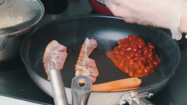 Kitchen Cafe Making English Breakfast Pan Frying Beans Bacon Sausages — Stock Video