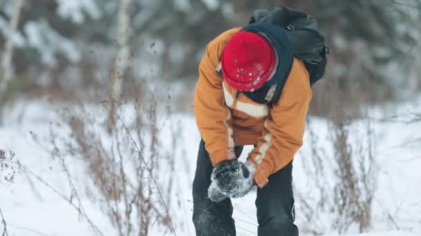 El niño hace una bola de nieve en el bosque — Vídeo de stock