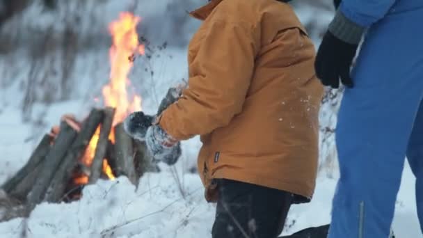 Ormanda bir çocukla oynayan genç bir adam — Stok video