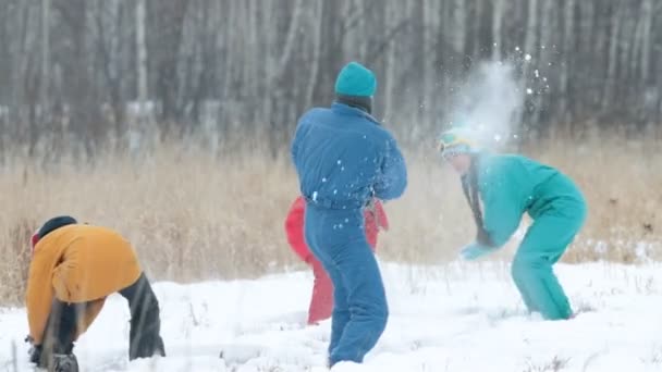 Zima w lesie. Rodziny w dół kolorowe żakiety gry snowball. Zwolnionym tempie — Wideo stockowe