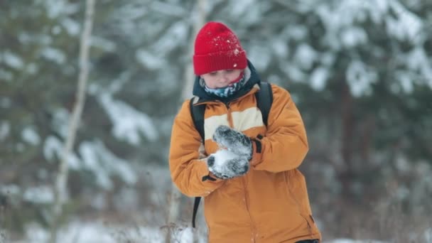 Bosque de invierno. Un niño haciendo una bola de nieve, lanzándola hacia adelante y sonriendo — Vídeos de Stock