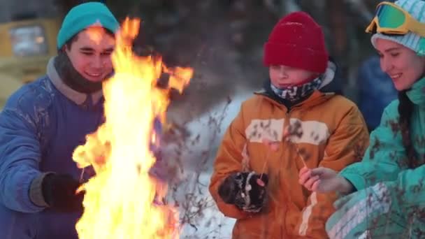 Winterwald. Familie sitzt am Feuer und brutzelt Würstchen — Stockvideo