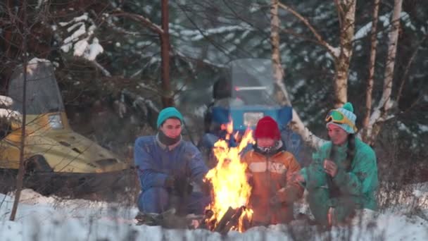 Foresta invernale. Famiglia seduta nel bosco accanto al fuoco e friggere salsicce — Video Stock