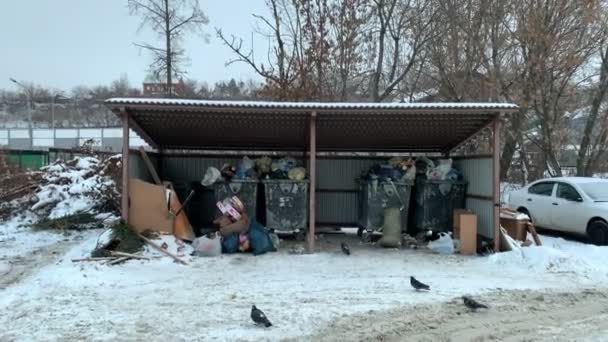 Een overzicht van overvolle emmers voor trash. — Stockvideo