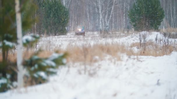 Winterwald. zwei junge Frauen auf einem Schneemobil — Stockvideo