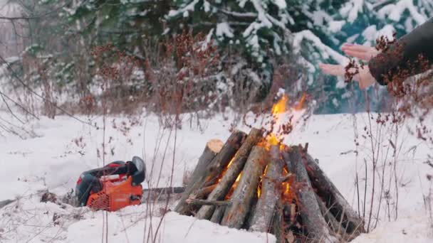 Şenlik ateşi. Kış orman tutuşturulmuş yangında. Bir kişi bir ateşin yanında oturur ve ellerini ısıtır. Yerde yatan bir chainsaw — Stok video