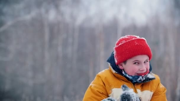 Bosque de invierno. Un niño divirtiéndose jugando bolas de nieve. Movimiento lento — Vídeos de Stock