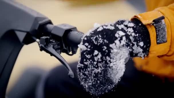 Forêt d'hiver. Un petit garçon assis sur la motoneige et tord la poignée de gaz . — Video