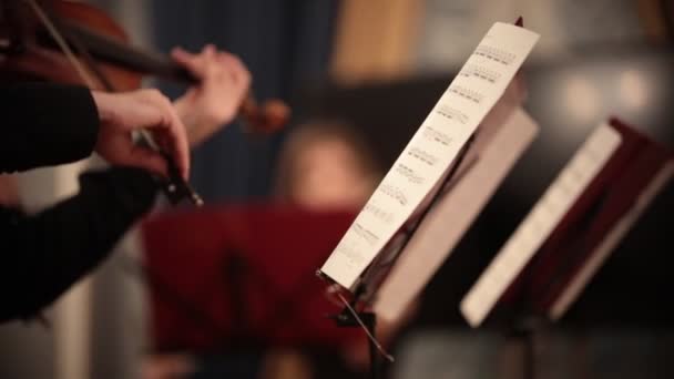 Orquestra de Câmara. Pessoas de pé e tocando violinos por notas — Vídeo de Stock