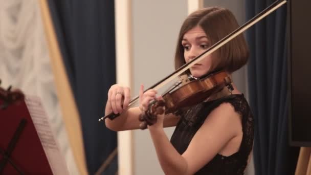 Kamerorkest. Een jonge vrouw spelen van de viool tijdens een optreden. — Stockvideo