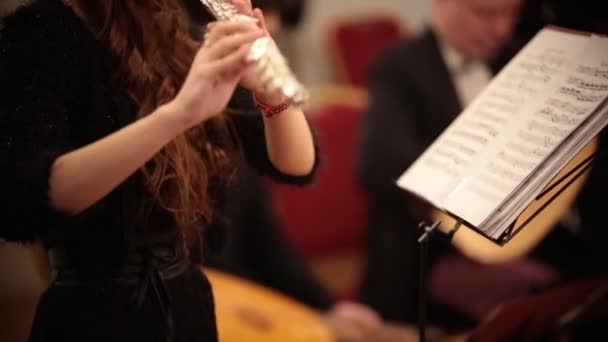 Kammerorchester. eine junge Frau spielt Flöte — Stockvideo
