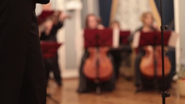 Orquesta de cámara. Dos mujeres tocando el violonchelo en el fondo — Vídeo de stock