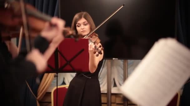 Ορχήστρα δωματίου. Βιολιστές παίζουν το κλασική μουσική παράσταση — Αρχείο Βίντεο