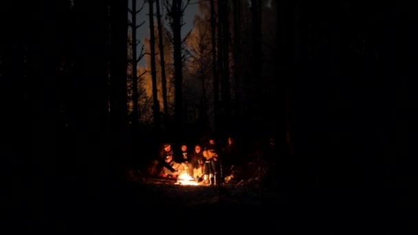 Kış orman genç insanlar. Ateşin yanında oturmuş, yangın yükselticiler ve şenlik ekleme patlar — Stok video