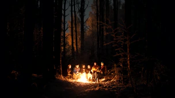 Společnost mladých lidí v zimním lese, posezení u ohně — Stock video