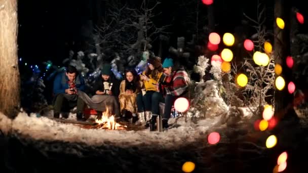 Молодые люди в зимнем лесу сидят у костра. Люди, сидящие в своих телефонах — стоковое видео