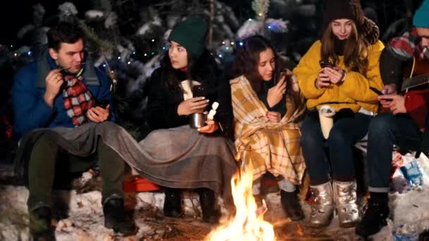 Grupo de jóvenes en el bosque invernal sentados junto al fuego. Personas sentadas en sus teléfonos y tomando fotos — Vídeo de stock