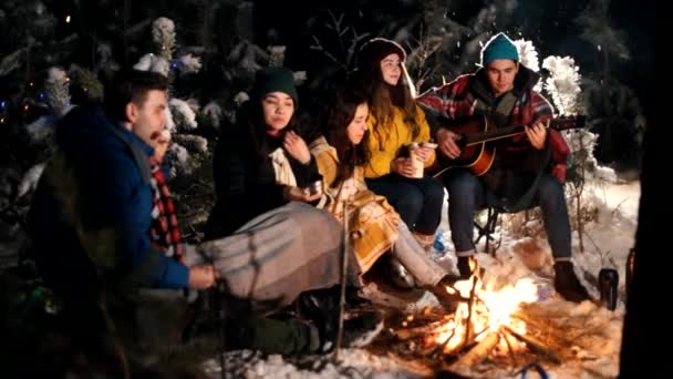 Skupina přátel sedí v zimním lese u ohně a jíst marshmallows na špejle. Mladý muž, hrát na kytaru — Stock video