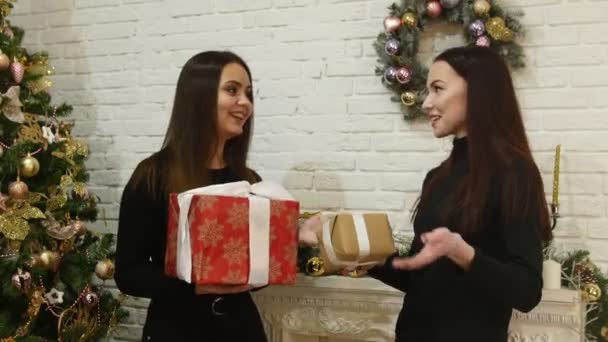 Twee jonge vrouw geeft elkaar een geschenken en knuffelen elkaar — Stockvideo