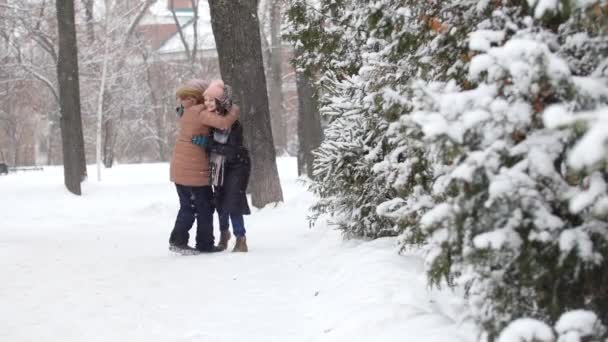 Dos chicas en invierno caminando y hablando entre ellas. Abrazos — Vídeo de stock