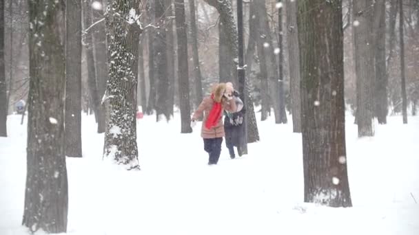 Dos chicas en el parque de invierno jugando ponerse al día juntos y divertirse. Movimiento lento — Vídeo de stock