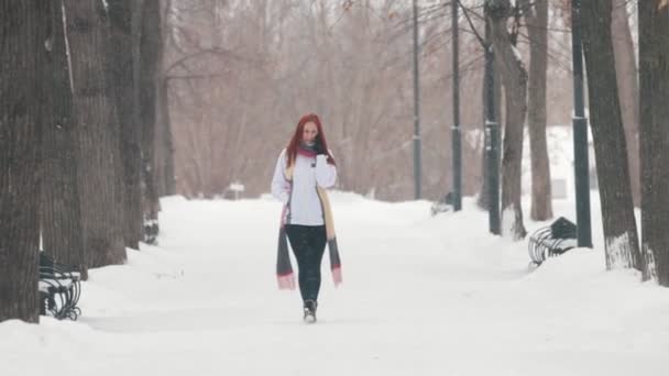 Зимний парк. Женщина с ярко-рыжими волосами разговаривает по телефону — стоковое видео