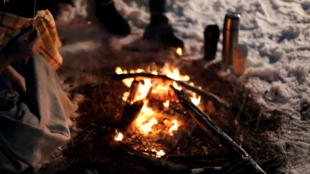 겨울 숲에서 모닥불입니다. 밤 추운 시간입니다. 마쉬 멜 로우 튀김 열전대는 눈에 서 서. — 비디오