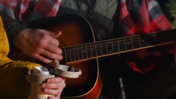 Groep vrienden zitten in winter bos door het vuur. Een jonge man spelen gitaar — Stockvideo