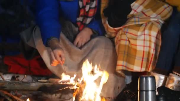 Gruppo di amici nella foresta invernale. Seduto vicino al falò a mangiare marshmallow. Passare del tempo insieme. Da vicino. — Video Stock