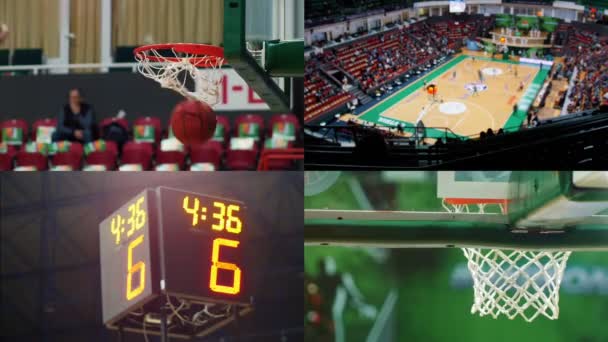 4 dari 1 - pertandingan basket. papan skor olahraga dengan angka, basket ring dan lapangan — Stok Video