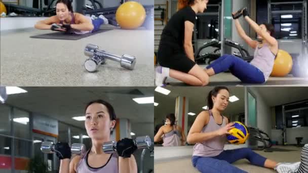 4 in 1 - bella donna atletica che pratica in palestra con il suo allenatore — Video Stock