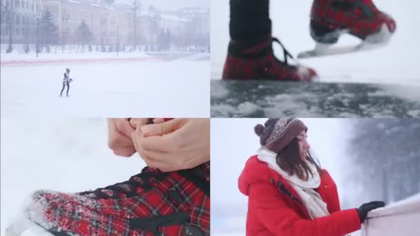 4 in 1 - eine junge Frau beim Schlittschuhlaufen auf der Eisbahn. kaltes Winterwetter, starker Schneefall — Stockvideo