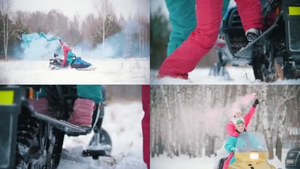 4 en 1 - Bosque de invierno. Jóvenes en ropa brillante montan motos de nieve — Vídeos de Stock