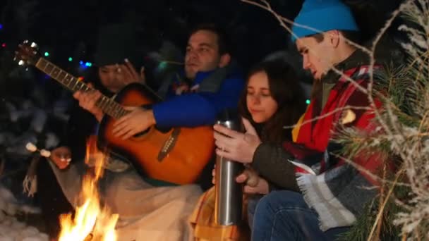 Un grupo de amigos pasando un buen rato junto al fuego en el bosque. Un joven abre un termo — Vídeo de stock